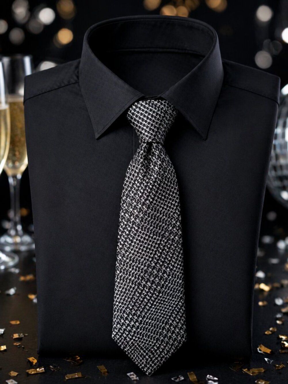 Burma Bibas Men's Necktie 7 Fold 100% Silk Black Silver 3.5" Wide X 60" Long